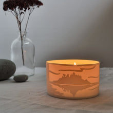 Load image into Gallery viewer, Handmade porcelain tealight holder, adorned with a design of St. Michael’s Mount, bringing a piece of Cornwall’s scenic beauty into your space.