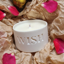Load image into Gallery viewer, Porcelain Candle Pot etched with the word &#39;WISH&#39;.
