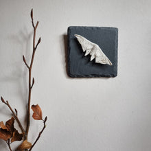 Load image into Gallery viewer, Porcelain Moth on slate tile to hang on the wall.
