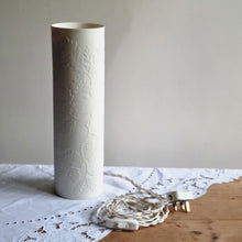 Load image into Gallery viewer, Porcelain cylinder Lamp etched with an Oak tree design in silhouette. This image shows the braided switched cable and UK plug.
