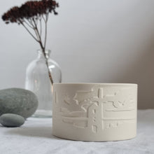Load image into Gallery viewer, Porcelain Tealight Holder etched with Carn Galver mine design.
