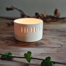 Load image into Gallery viewer, Porcelain Candle Pot etched with the word &#39;HOPE&#39;,
