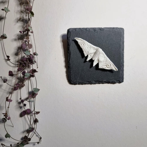 Porcelain Moth on slate tile to hang on the wall.