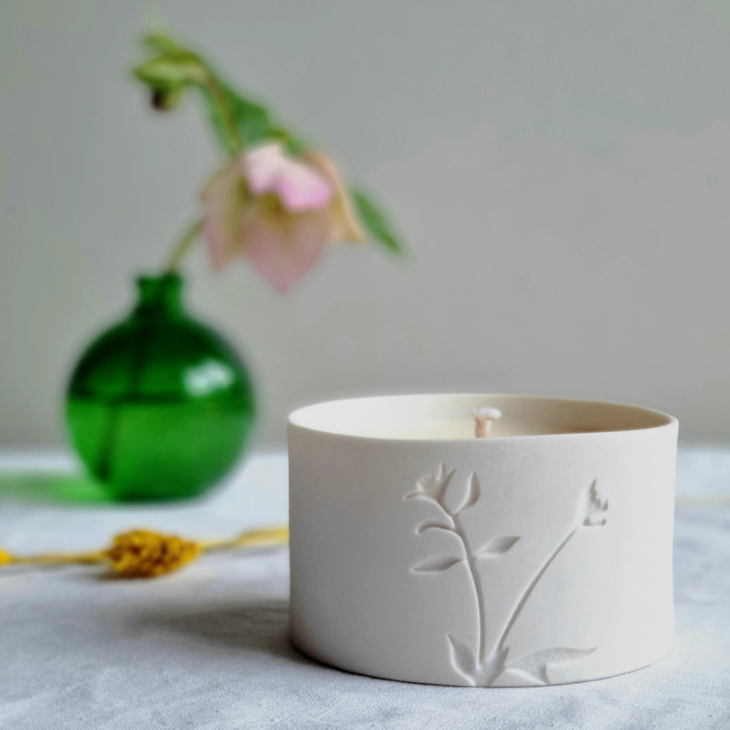 Birds Foot Trefoil foliage etched into a Porcelain Candle Pot.