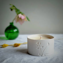 Load image into Gallery viewer, Birds Foot Trefoil foliage etched into a Porcelain Candle Pot.
