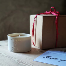 Load image into Gallery viewer, Birds Foot Trefoil foliage etched into a Porcelain Candle Pot, with a gift box and thank you card..
