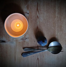 Load image into Gallery viewer, Porcelain Candle Pot etched with a two snowdrop flowers, seen from above.
