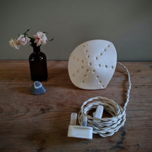 Load image into Gallery viewer, Pointed Sea Urchin Lamp, star shaped design on diamond shaped lamp, this image shows the braided switched cable and UK plug.
