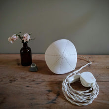 Load image into Gallery viewer, White Pointed Sea Urchin Lamp, star shaped design on diamond shaped lamp, image shows braided switched flex and UK plug.
